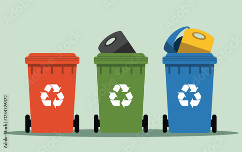 Recycling bins for waste segregation and environmental protection awareness graphic