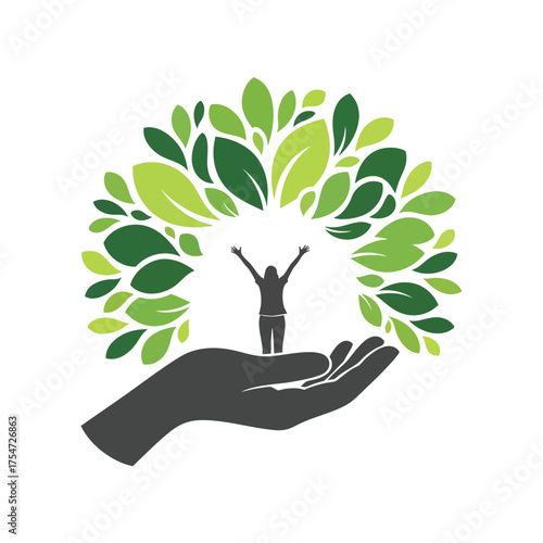 A symbolic illustration of a hand holding a joyful person under an arch of green leaves.