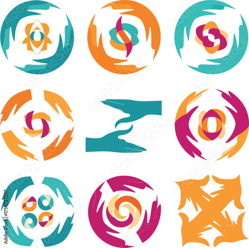 A vibrant collection of nine abstract circular logos featuring stylized hands symbolizing unity and connection.