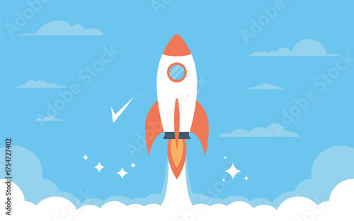 Rocket launching into space with fiery exhaust amidst blue sky and clouds