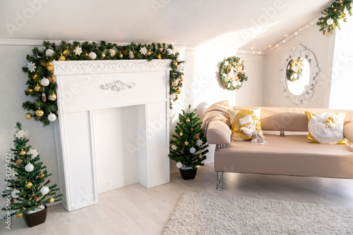 Christmas interior of a bright living room. The attic. Daytime