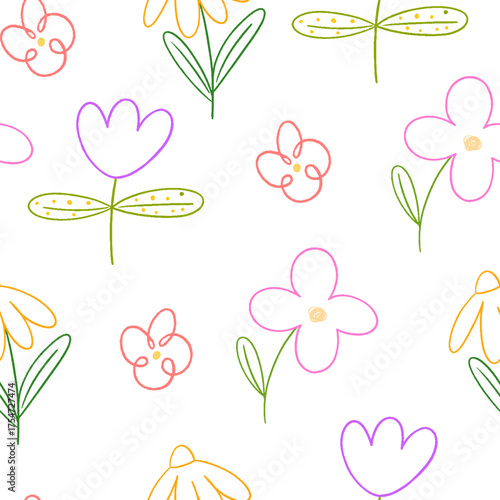 Flower crayon seamless pattern. Color pencil drawings background with blooms. Childish spring floral background. Kid chalk hand drawn with plant grass, spring flowers. Vector scribble doodle wallpaper