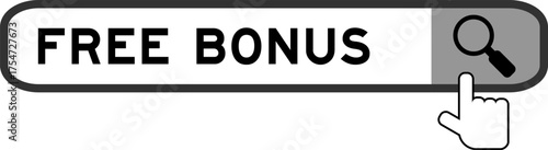 Search banner in word free bonus with hand over magnifier icon on white background