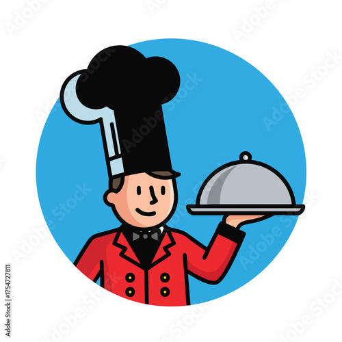 Cartoon chef character in a red uniform and tall black hat holding a silver cloche.