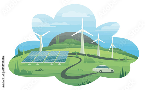 Green energy future sustainable living with solar wind power and electric cars illustration