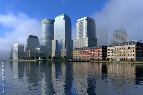 Scenic view of a city skyline reflecting on the water under a bright blue sky, depicting urban landscape, waterfront architecture and clear water reflections.