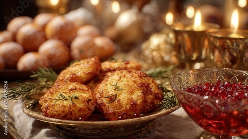 Golden crispy potato pancakes served on a decorative plate with festive holiday treats and candles