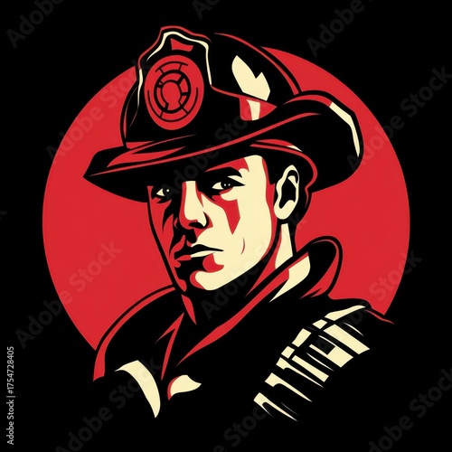 Retro-styled firefighter vector illustration in black and red, with traditional helmet