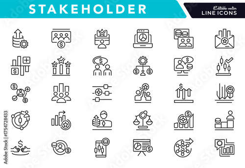 Stakeholder linear icon set. Governance, management, collaboration, communication, trust, feedback, influence, diversity, relationship, vector editable stroke icon pack