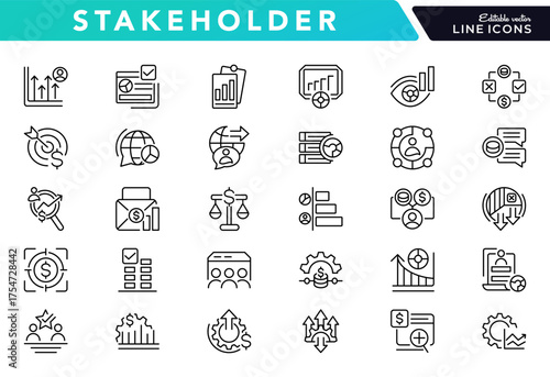 Stakeholder linear icon set. Governance, communication, collaboration, trust, feedback, impact, relationship, editable stroke UI icon pack