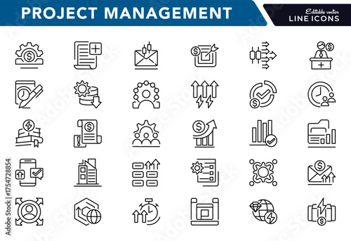 Project management icons set. Featuring - planning, scheduling, leadership, project, risk management, motivation, team thin line icons pack