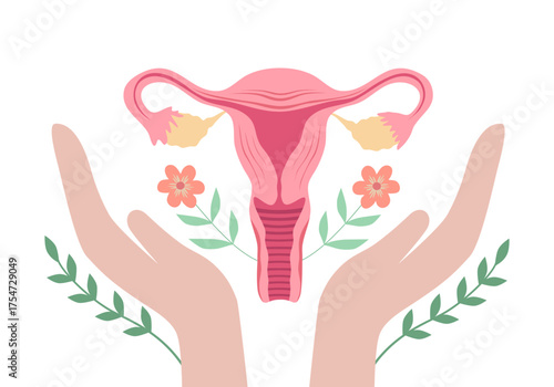 Female doctor explaining anatomy of uterus and ovaries, flat cartoon style on abstract background with calendar and notes. Concept of gynecology. Vector illustration