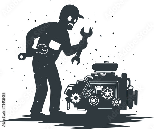 Mechanic, wrench, engine, repair, industrial, worker, gears, machinery, maintenance, engineering, hands-on, tool, workshop, mechanical, technician, labor, black-and-white, illustration, vintage,