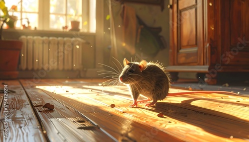 A sunlit interior reveals a curious rat on wooden flooring. Dust motes dance in sunbeams, highlighting the room's warmth and textures, along with a wooden cabinet