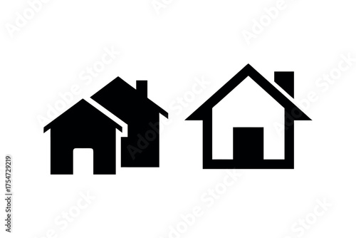 Two simple house shapes displayed in a stark black and white silhouette