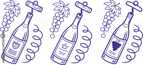 Wine bottles with corkscrew and grape bunch illustration in elegant line art style, perfect for vineyard branding, winery labels, restaurant menus, bar decor, and wine tasting designs.