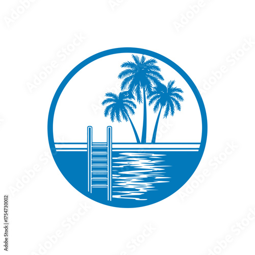 Stylized blue vector icon of a swimming pool with palm trees and ladder, perfect for tropical vacation, summer holiday, and resort branding.