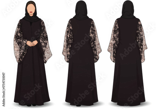 Elegant Black Abaya with Intricate Lace Sleeves - Full View Fashion Illustration
