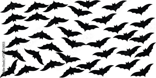 Flying bats silhouette pattern illustration representing spooky Halloween night sky, perfect for horror designs, decorations, party graphics, and October seasonal background themes.