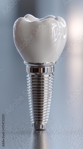 Dental implant with metal pin isolated on neutral background. white human tooth model. modern dentistry quality dental prosthesis concept vertical view