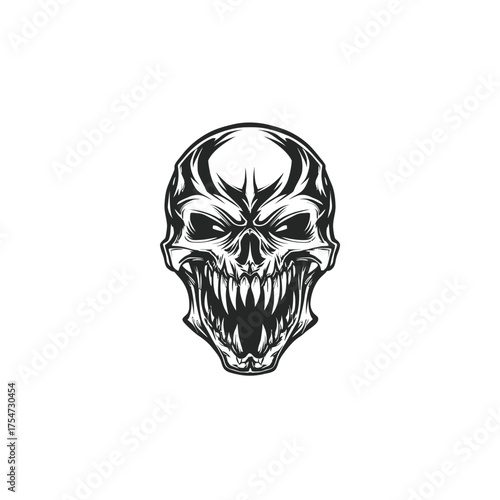 Monstrous Evil Skull Illustration with Aggressive Expression and Sharp Teeth. Scary Dark Gothic Horror Graphic Design Element.