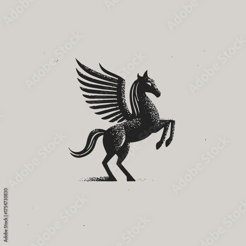 Elegant black silhouette of a rearing winged horse, a mythological creature emblem with a vintage grunge texture.