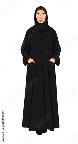 Traditional Arabic attire for women, featuring a stylish black abaya with elegant embroidery