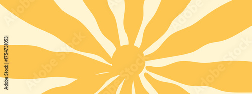 Sun groovy background, summer retro radial burst, yellow graphic wavy. Abstract trendy sunshine poster. Cartoon light beam print. Vintage boho pattern. Modern vector illustration 