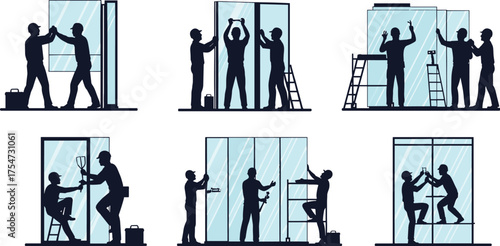 Window Installation Workers Using Suction Tools, Ladders, and Safety Gear to Repair and Mount Large Glass Panels in Construction Scenes