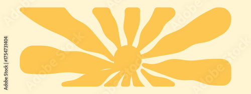 Sun groovy background, summer retro radial burst, yellow graphic wavy. Abstract trendy sunshine poster. Cartoon light beam print. Vintage boho pattern. Modern vector illustration 