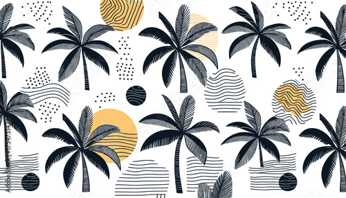 seamless vector background with coconut trees and sun