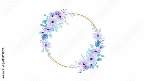 Floral frame gold circle with blue and purple flowers for elegant design. Suitable for invitations, greeting cards, wedding stationery.