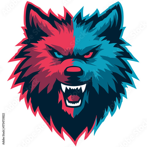 Aggressive stylized wolf head illustration with split red and blue colors, fierce mascot design for gaming or sports teams, vector art
