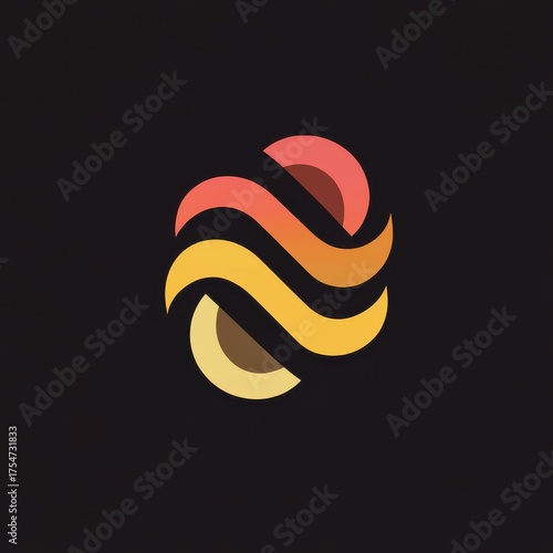 Abstract layered logo with red and yellow wave-like strokes on black