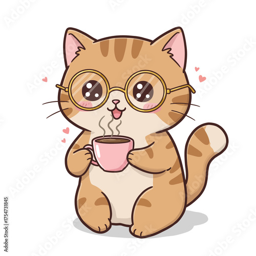 Adorable kitten sipping coffee in stylish glasses, a trendy and cute design for pet lovers and coffee enthusiasts everywhere, spreading joy and warmth