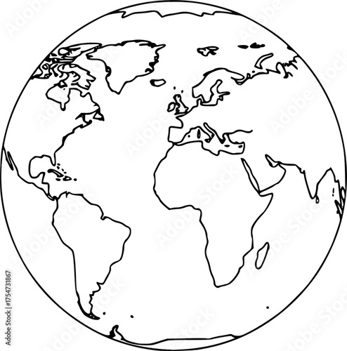 Earth drawing. It is a black and white outline image of the Earth, a simple globe showing continents, representing our planet. Vector sketch line art draw 