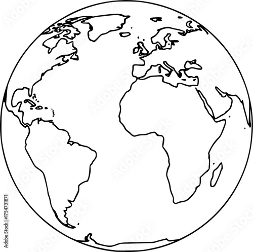 Earth drawing. It is a black and white outline image of the Earth, a simple globe showing continents, representing our planet. Vector sketch line art draw 
