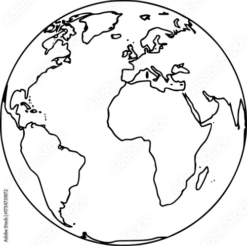 Earth drawing. It is a black and white outline image of the Earth, a simple globe showing continents, representing our planet. Vector sketch line art draw 