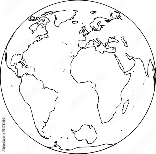 Earth drawing. It is a black and white outline image of the Earth, a simple globe showing continents, representing our planet. Vector sketch line art draw 