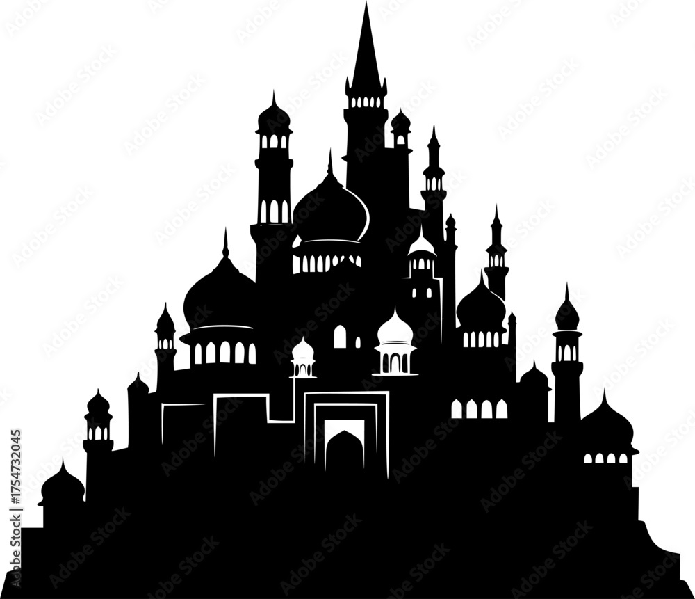 Fototapeta premium Aladdin castle silhouette. This image depicts a silhouette of a grand Arabian palace with intricate domes and towers, resembling a fairy tale castle. Vector clipart illustration design