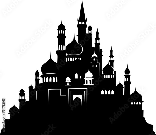 Aladdin castle silhouette. This image depicts a silhouette of a grand Arabian palace with intricate domes and towers, resembling a fairy tale castle. Vector clipart illustration design