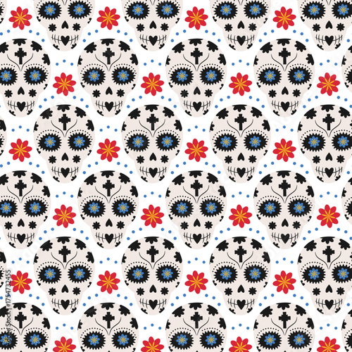 Hand Drawn Sugar Skulls with Floral and Dots Decor Seamless Pattern Day of the Dead Festive Backdrop