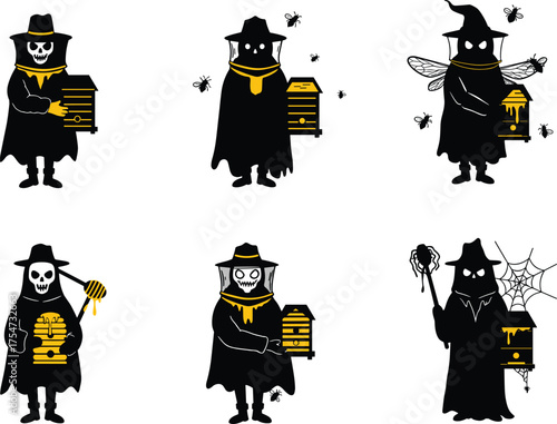 Skeleton plague doctor, spooky beekeeper illustration, creepy gothic artwork, haunted beehive design, horror fantasy, supernatural character, halloween theme, surreal dark concept