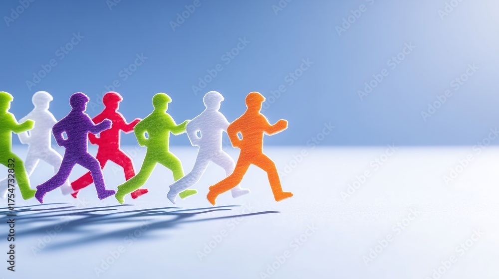 Obraz premium Colorful runner figures in a row against a blue background, symbolizing race and teamwork.