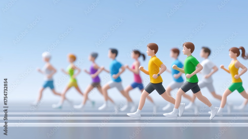 Obraz premium Diverse group of animated people running on a track under a blue sky