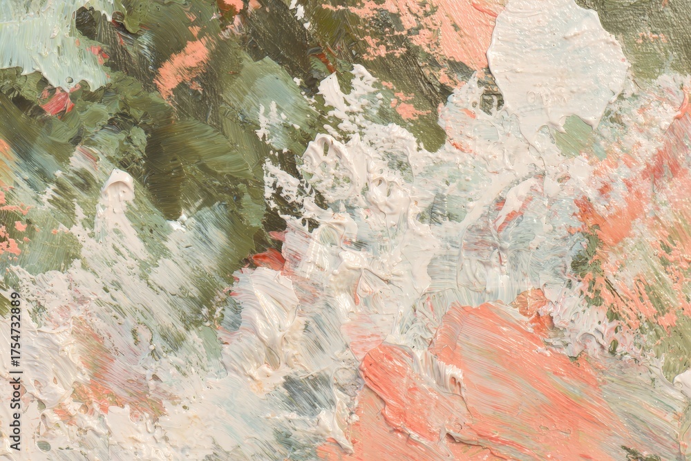 Naklejka premium A vibrant abstract painting displays a dynamic interplay of muted peach, muted green, and off-white hues, showcasing expressive brushstrokes and a textured surface.