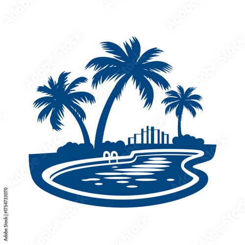 Stylized blue vector illustration of a tropical resort scene with palm trees, a swimming pool, and a distant city skyline silhouette