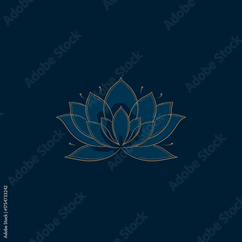 Elegant stylized blue and gold lotus flower illustration on dark background, symbolizing purity, spirituality, and tranquility.