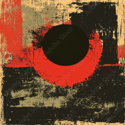 Grunge sun with black center over distressed red and tan abstract texture