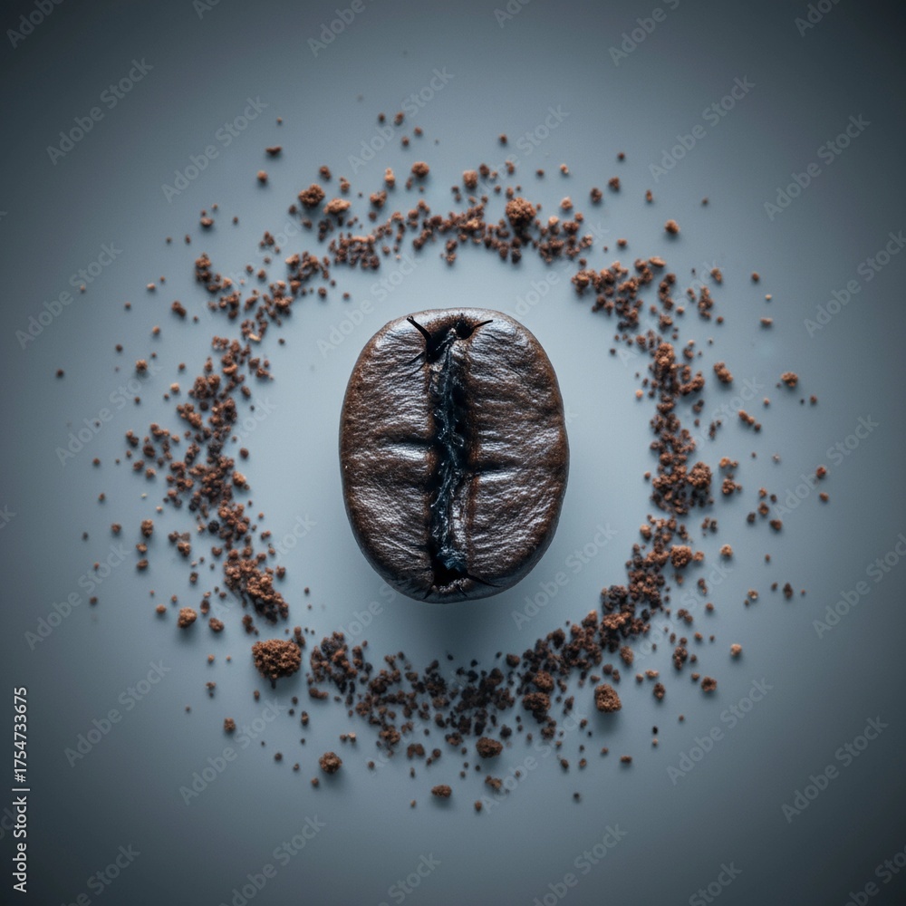 Naklejka premium Single coffee bean surrounded by ground coffee on gray surface
